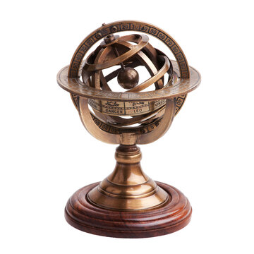 Brass armillary sphere on white background.