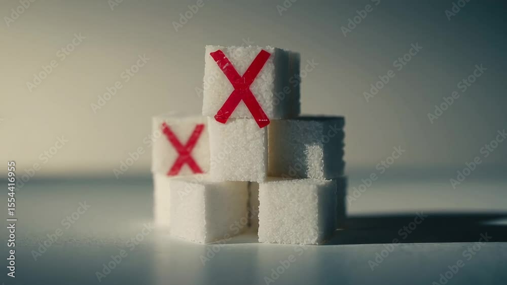 Poster Sugar cubes displaying red crosses symbolizing systematic reduction of sugar intake, highlighting potential health risks and promoting wellness through mindful dietary choices