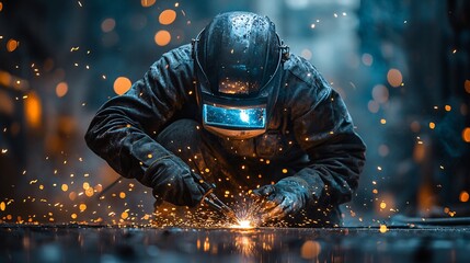 Focused Welder In Protective Gear Working With Sparks Flying In Dark Industrial Setting.Industrial Worker Skills Focussed.Manufacturing Process Craftsmanship in Action.Close Up of Metalwork