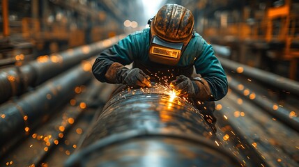 Focused Welder In Protective Gear Works On Metal Pipes In Industrial Setting During Repair Work And Maintenance Activities. High Precision Work And Detail Oriented Action Shot Of A Skilled Worker In