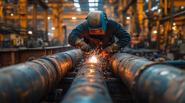 Focused Welder in Protective Gear Working on Metal Pipes in an Industrial Factory Setting