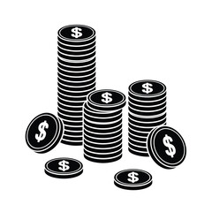 Stacks of black and white coins with dollar signs on white background