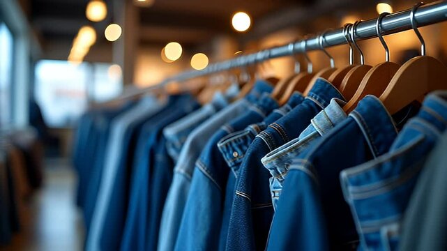 Row of Hanged Blue Jeans in a Shop: Retail Display