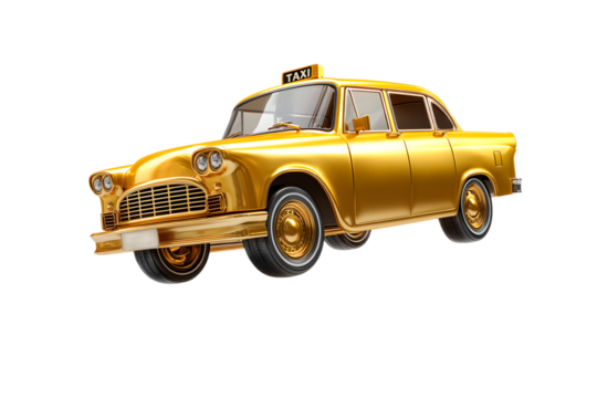 A golden taxi cab jumping in the air  long title A golden vintage style taxi cab jumping and floating in mid air against a clean white background