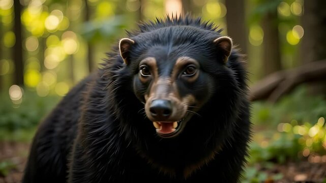 A captivating close-up reveals the Greater Grison's face, showcasing its black fur, sharp teeth, and alert gaze against a tropical forest backdrop in warm daylight.