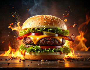 Epic Gourmet Burger with Flaming Background