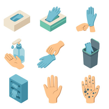 Glove Handling Icons. Isometric Flat icon set of glove donning and doffing: glove box, nitrile glove box, glove removal technique,