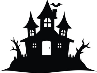 Hunted house vector silhouette, Halloween hunted house Spooky silhouette with bats flying around on halloween night vector design