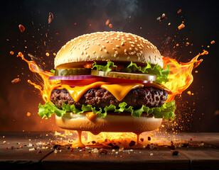 Epic Gourmet Burger with Flaming Background