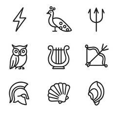 Fototapeta premium Greek Roman Icon Set. Outline icon set of major Greek and Roman gods: thunderbolt, peacock, trident, owl, lyre, bow and arrow,