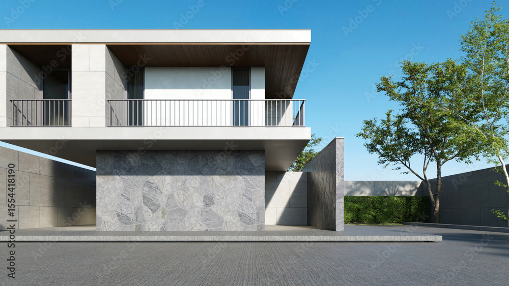 Poster Modern house, Minimal architecture with empty wall and concrete garage driveway, 3d rendering of luxury property building
