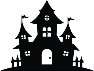 Hunted house vector silhouette, Halloween hunted house Spooky silhouette with bats flying around on halloween night vector design