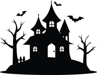 Hunted house vector silhouette, Halloween hunted house Spooky silhouette with bats flying around on halloween night vector design