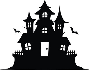 Hunted house vector silhouette, Halloween hunted house Spooky silhouette with bats flying around on halloween night vector design