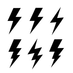 Bold black lightning bolt vector icons set. This minimalistic collection features six identical lightning shapes aligned in a clean horizontal layout