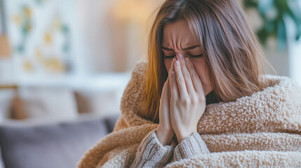 A young woman fell ill. A woman on a sofa with a napkin for a runny nose is being treated at home.