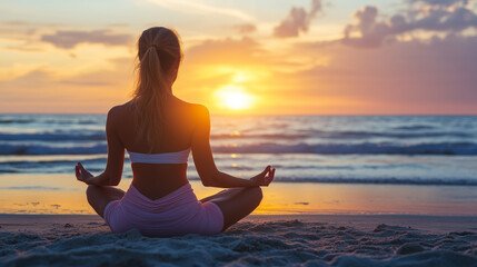  woman meditating on the beach at sunset