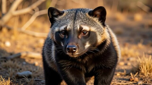 Observe a captivating mid-range shot of a Grison, the South American Wolverine, showcasing its distinctive gray and black fur in a dry shrubland habitat.
