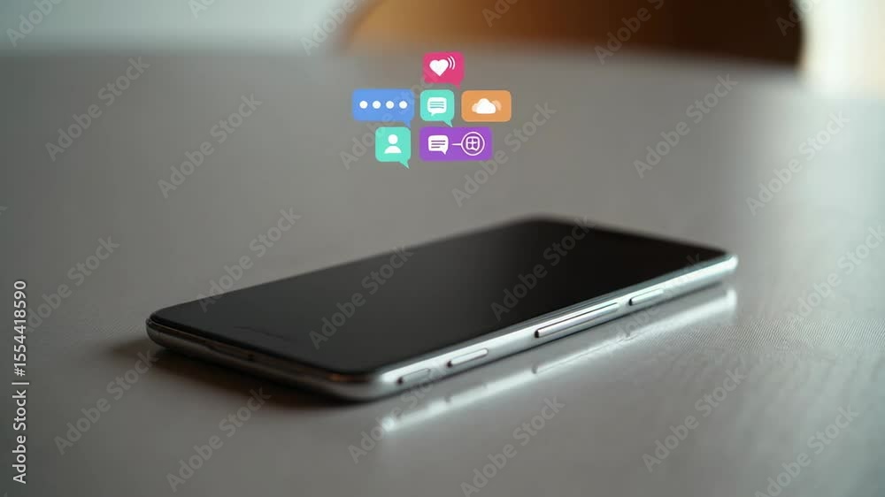 Aufkleber Social media icons floating above smartphone on table, visualizing digital communication, notifications, and interactions across various online platforms and networks