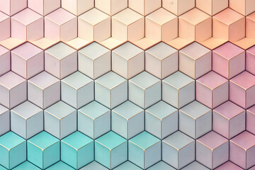 A colorful mosaic of pastel cube blocks creates an elegant geometric pattern, perfect for backgrounds and modern designs with a soft, gradient aesthetic.