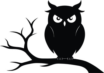 Halloween ominous owl sitting on a bare branch silhouette vector design
