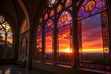 Dazzling Sunset Through Ornate Stained Glass Church Windows