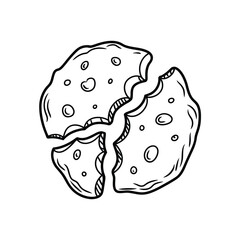 Hand drawn black and white illustration of a broken cookie with chocolate chips