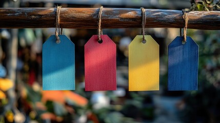 Colorful tags hanging on a wooden pole
