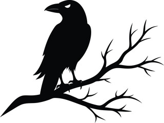 Ominous raven sitting on a bare branch vector silhouette of Halloween. 