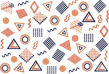 Geometric shapes and wavy lines in orange and navy blue isolated on transparent background