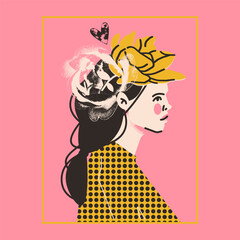 Stylish fashion illustration with young woman with flowers. Vector print, postcard, design