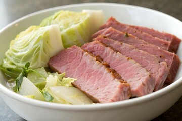 Sliced Corned Beef and Cabbage in a White Bowl