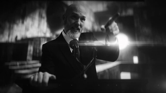 Angry male dictator delivering propagandistic speech on retro-look background