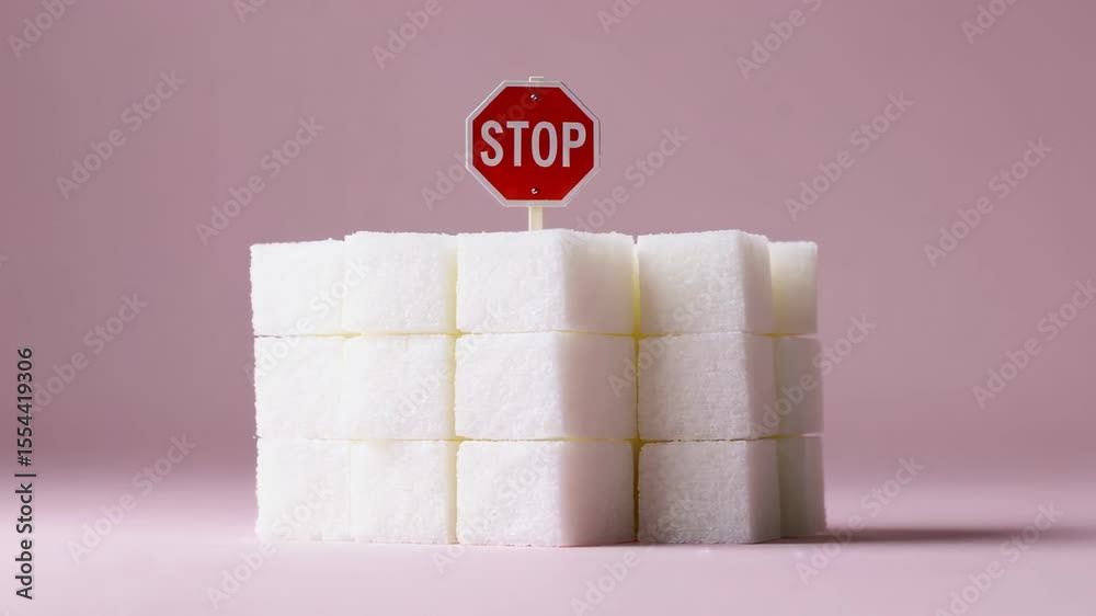 Poster white sugar cubes stacked neatly on a pink background, topped with a miniature stop sign, symbolizin