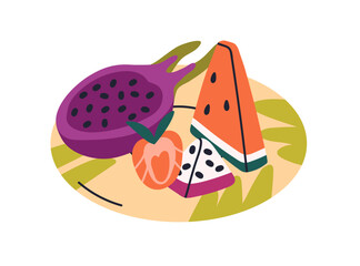 Tropical fruit plate. Exotic pitaya, watermelon piece, strawberry slice served on platter. Fresh natural healthy snacks. Summer vitamin mix. Flat vector illustration isolated on white background