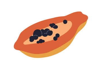 Papaya half, tropical sweet papaw, cut fruit piece, cross-section with fresh pulp, seeds. Exotic ripe raw pawpaw food, summer vitamin nutrition. Flat vector illustration isolated on white background