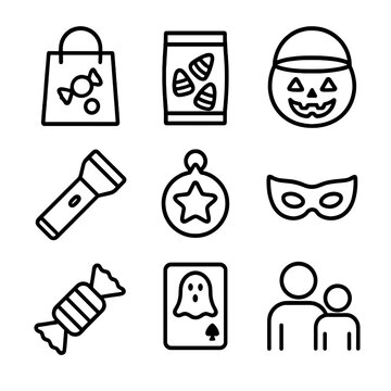 Halloween Icon Set. Outline icon set of Halloween Trick-or-Treating Essentials: treat bag, candy corn packet, jack-o&rsquo;-lantern