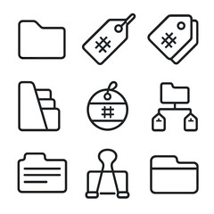Hashtag Icon Set. Outline icon set of hashtag organization: folder, tag label, stack of tags, file organizer, color-coded tag,