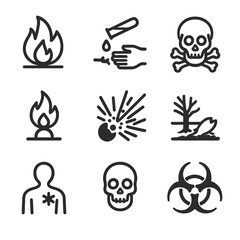 Hazard Symbols Grid. Outline icon set of liquid hazard symbols: flammable liquid symbol, corrosive icon, toxic symbol, oxidizer
