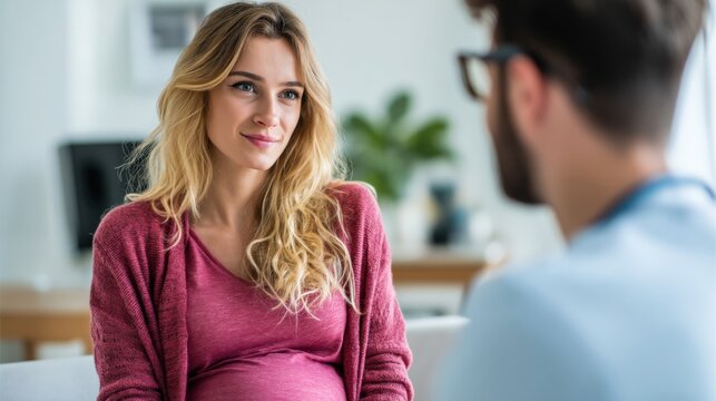 Pregnant woman talking with OB-GYN during prenatal visit, family planning, space for message
