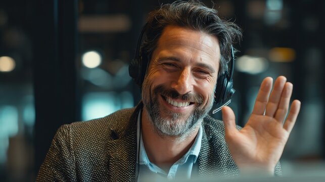 Professional man in headset talking to client via video chat, remote customer service, space for campaign text