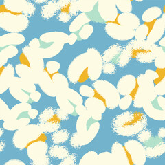 Floral seamless blue pattern with different abstract white fluffy  flowers. Vector background, design, print, wrapping paper, textile