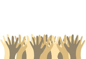 A multiple hands raised upward in unity, symbolizing a collective call for peace – PNG format, transparent background.


