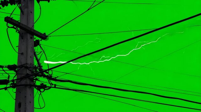 Electrical surge on wires: A striking image of a powerful electrical surge racing across power lines, set against a vibrant green sky. A dangerous electricity flashover in nature.