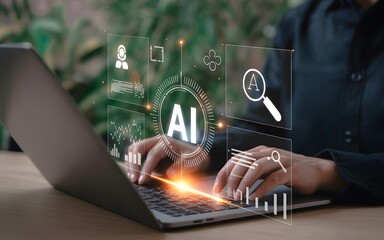 Exploring artificial intelligence technology with futuristic interface and data visualization on a laptop