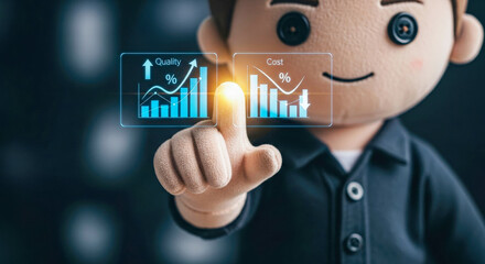 Plush businessman interacting with holographic charts showing quality improvement and cost reduction, representing efficient business management and strategic optimization