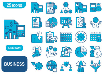 A comprehensive set of 25 glyph icons representing various aspects of business and finance.