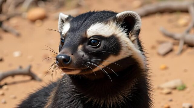 Witness an adult honey badger in its natural habitat, captured in stunning 4k with a close-up view of its distinctive black and white face and alert expression.