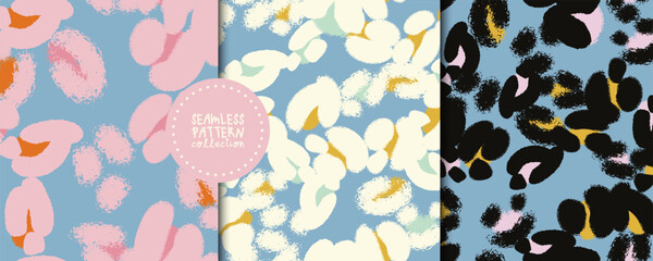 Set of seamless patterns with abstract fluffy flowers in vector. Backgrounds, prints, design elements