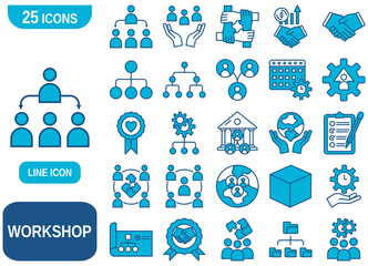 A collection of 25 icons related to workshops, teamwork, collaboration, organization, business, and leadership.